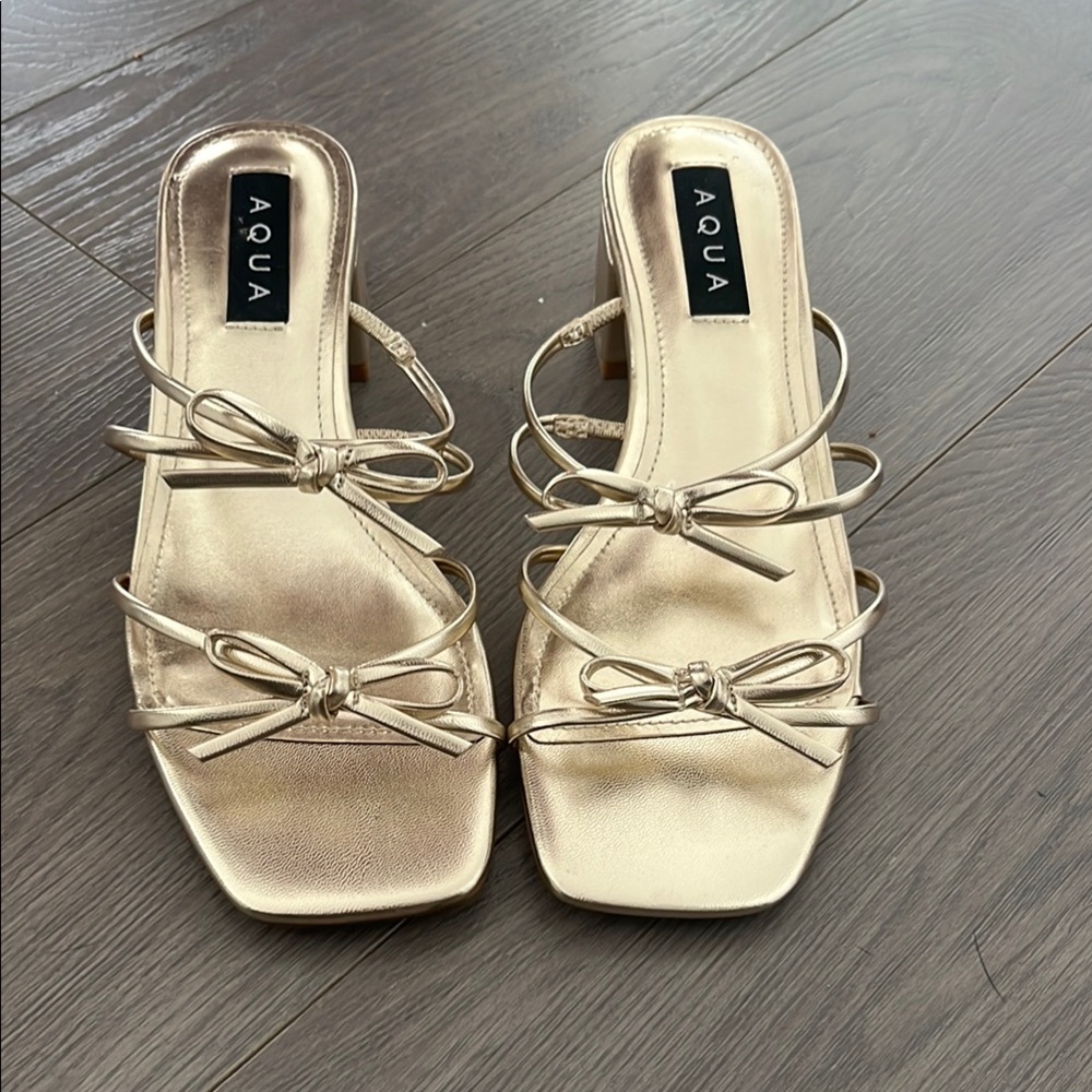 Aqua Gold Heels with Square Toe and Ankle Strap